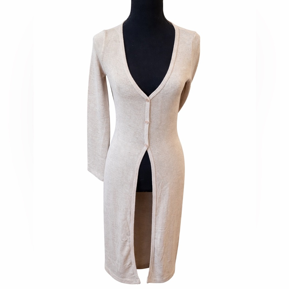 Active USA Ribbed Knit Midi Cardigan Dress Beige Made in USA M